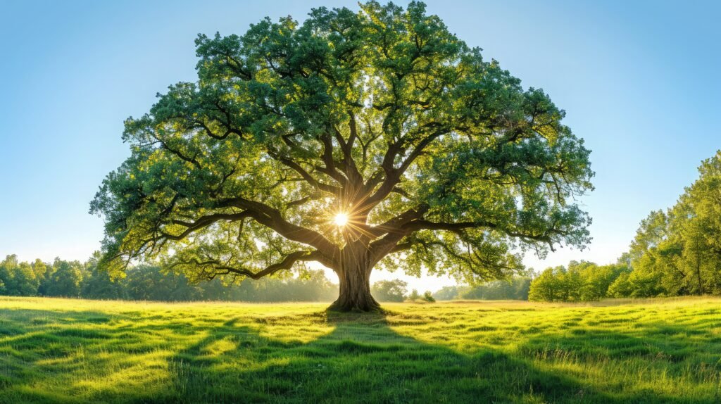 The sun shining through a majestic green oak tree on a meadow, with clear blue sky in the background, panorama format