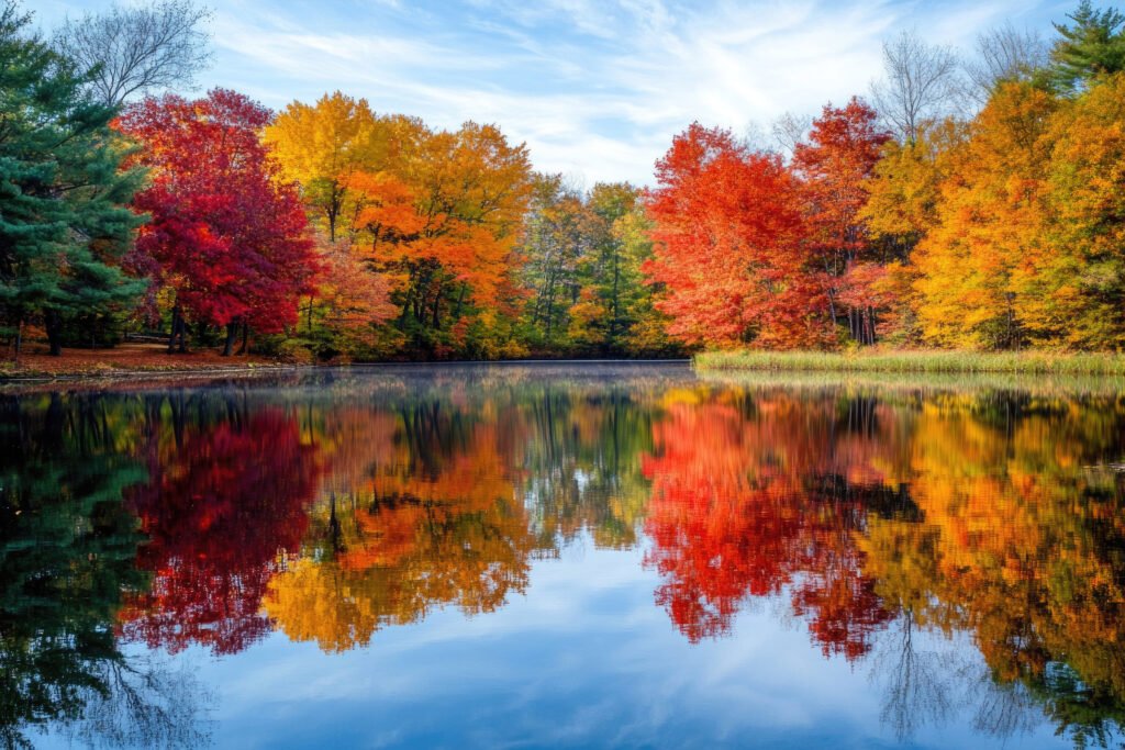 Reflective autumn landscape by a tranquil lake.